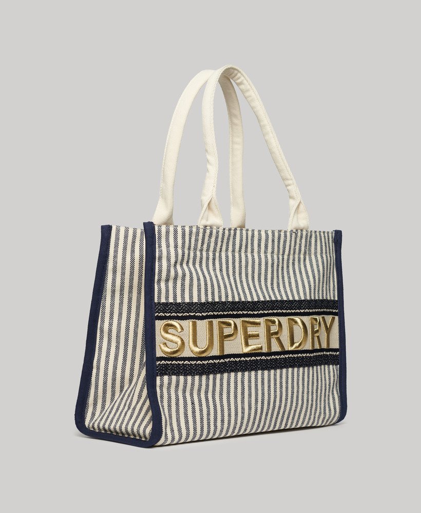 luksusowa torba typu tote w granatowym pasku