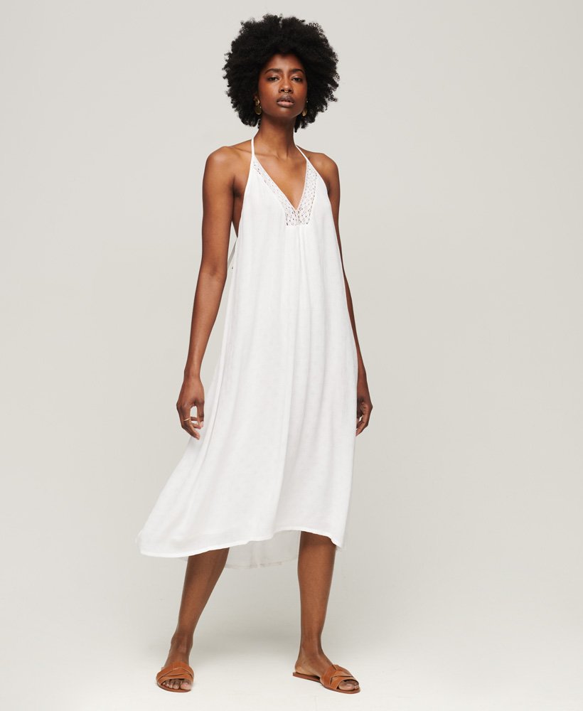 sukienka midi z koronką i dekoltem halter w kolorze off white