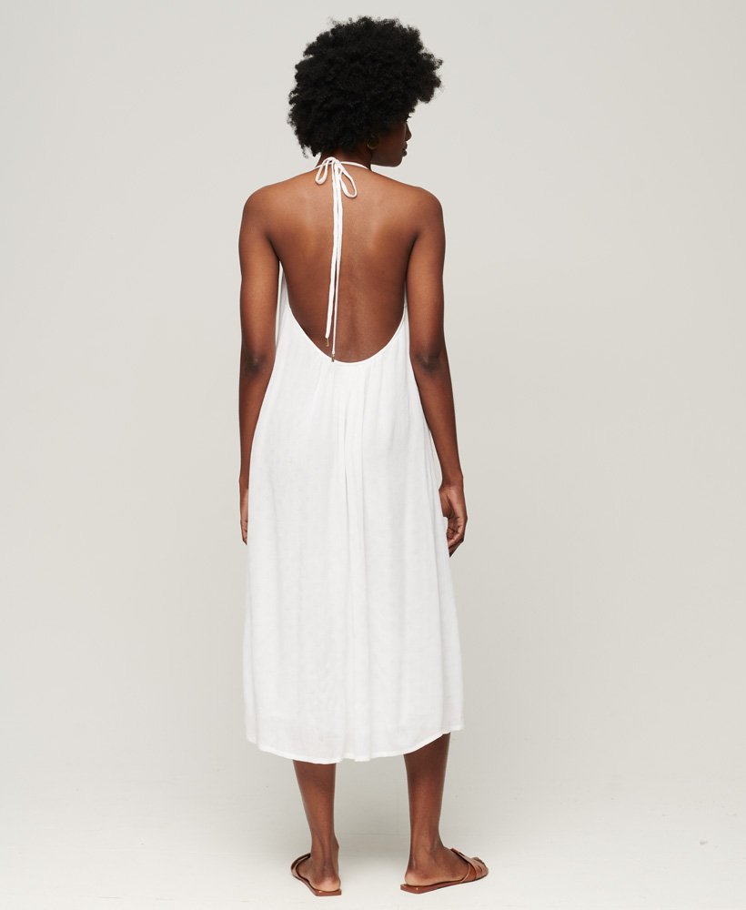 sukienka midi z koronką i dekoltem halter w kolorze off white