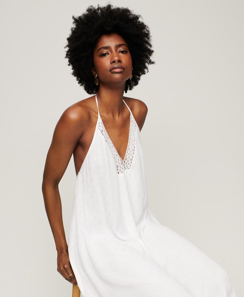 sukienka midi z koronką i dekoltem halter w kolorze off white