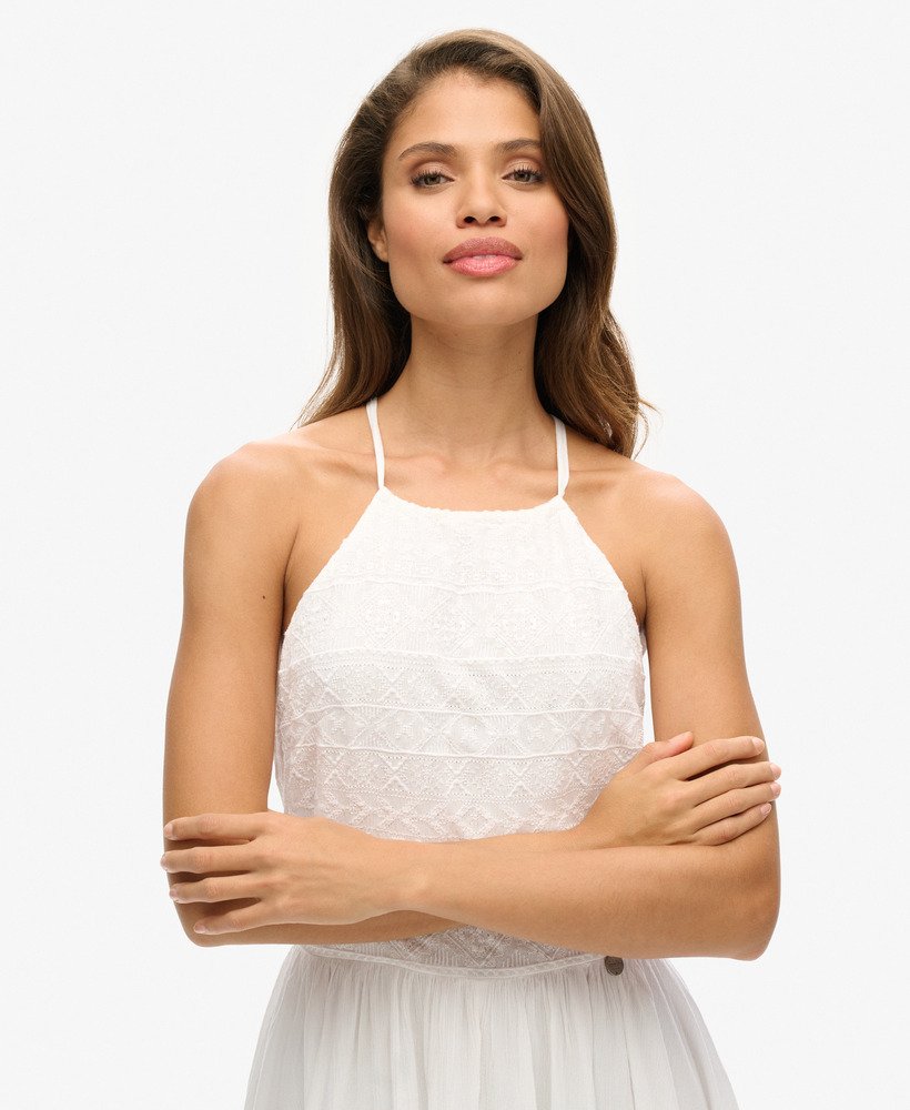 sukienka mini vintage z haftem w kolorze off white