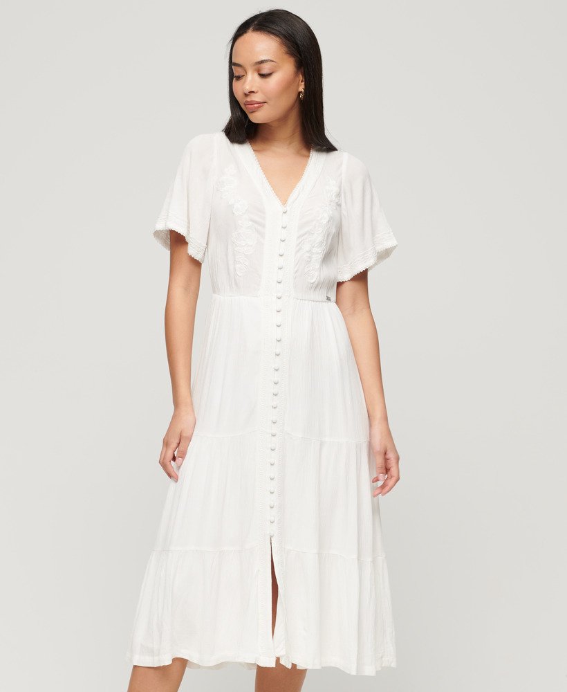 haftowana sukienka midi z warstwami w kolorze off white