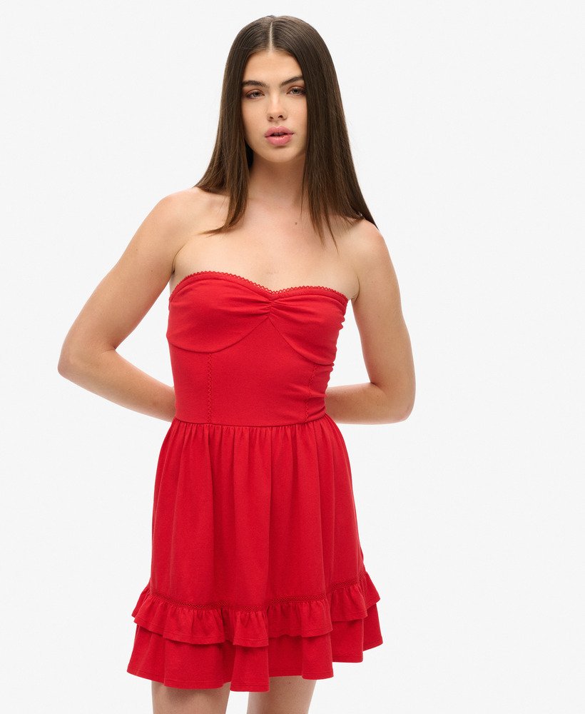sukienka mini z koronką typu bandeau z lat 50. w kolorze risk red