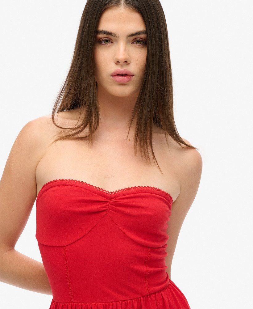 sukienka mini z koronką typu bandeau z lat 50. w kolorze risk red