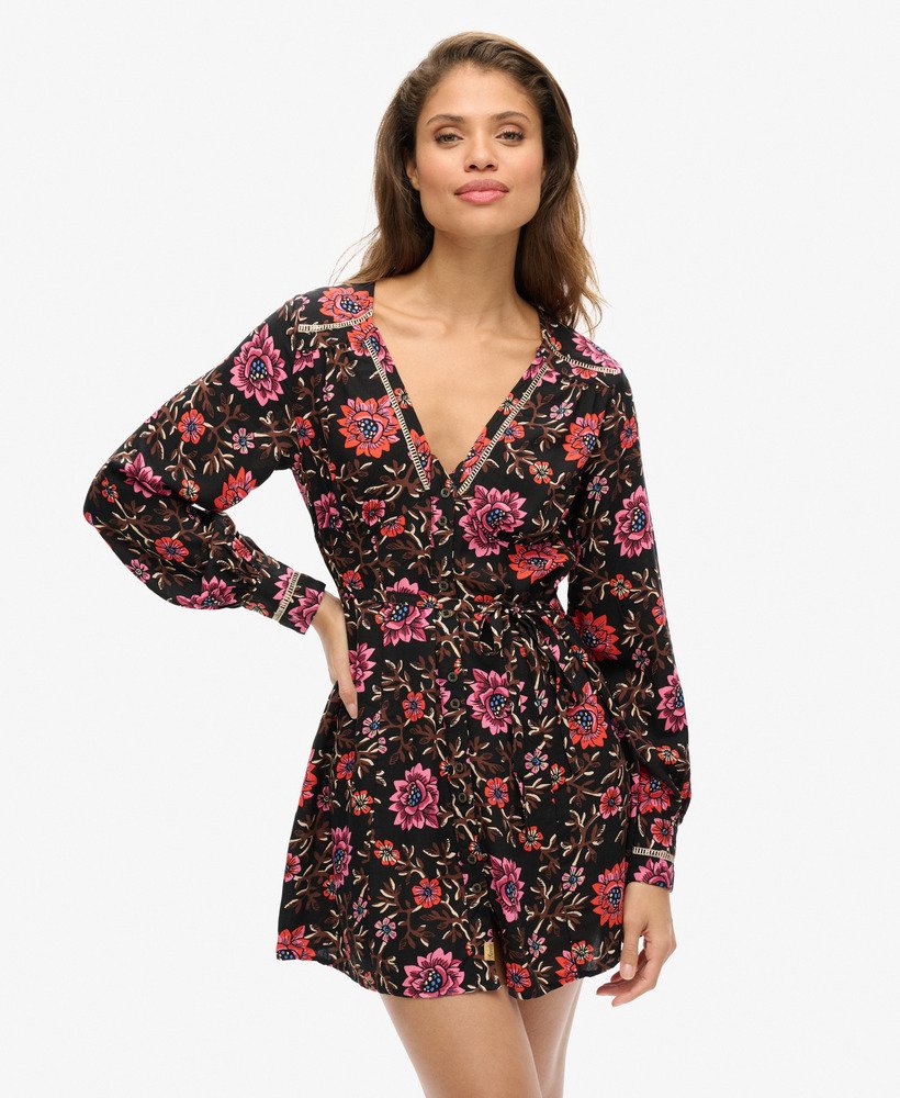 sukienka mini z nadrukiem i dekoltem w serek w kolorze brązowym z motywem mori floral