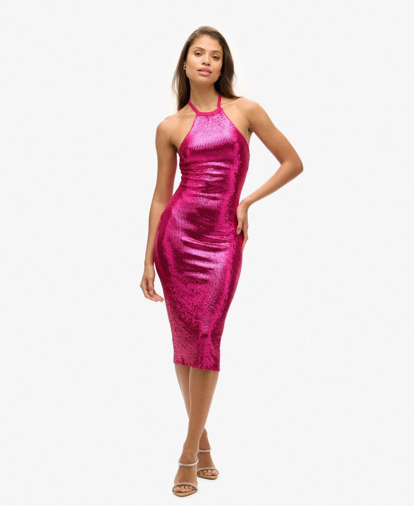sukienka midi z cekinami i dekoltem halter w kolorze magenta-rÓŻowym z cekinami