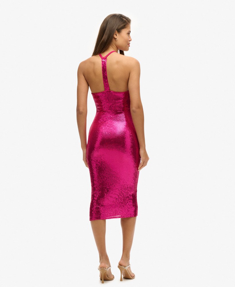 sukienka midi z cekinami i dekoltem halter w kolorze magenta-rÓŻowym z cekinami