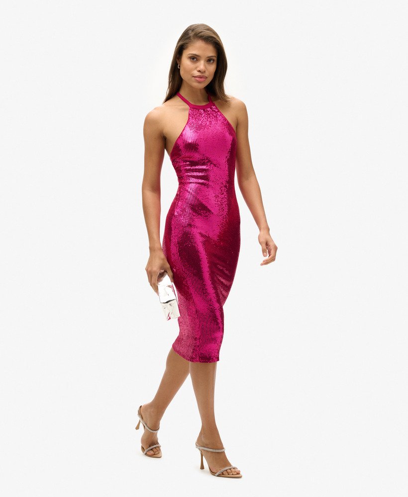 sukienka midi z cekinami i dekoltem halter w kolorze magenta-rÓŻowym z cekinami