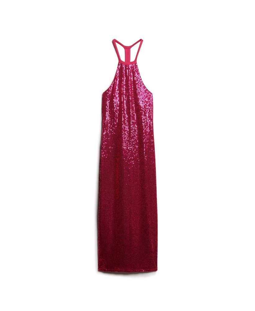 sukienka midi z cekinami i dekoltem halter w kolorze magenta-rÓŻowym z cekinami