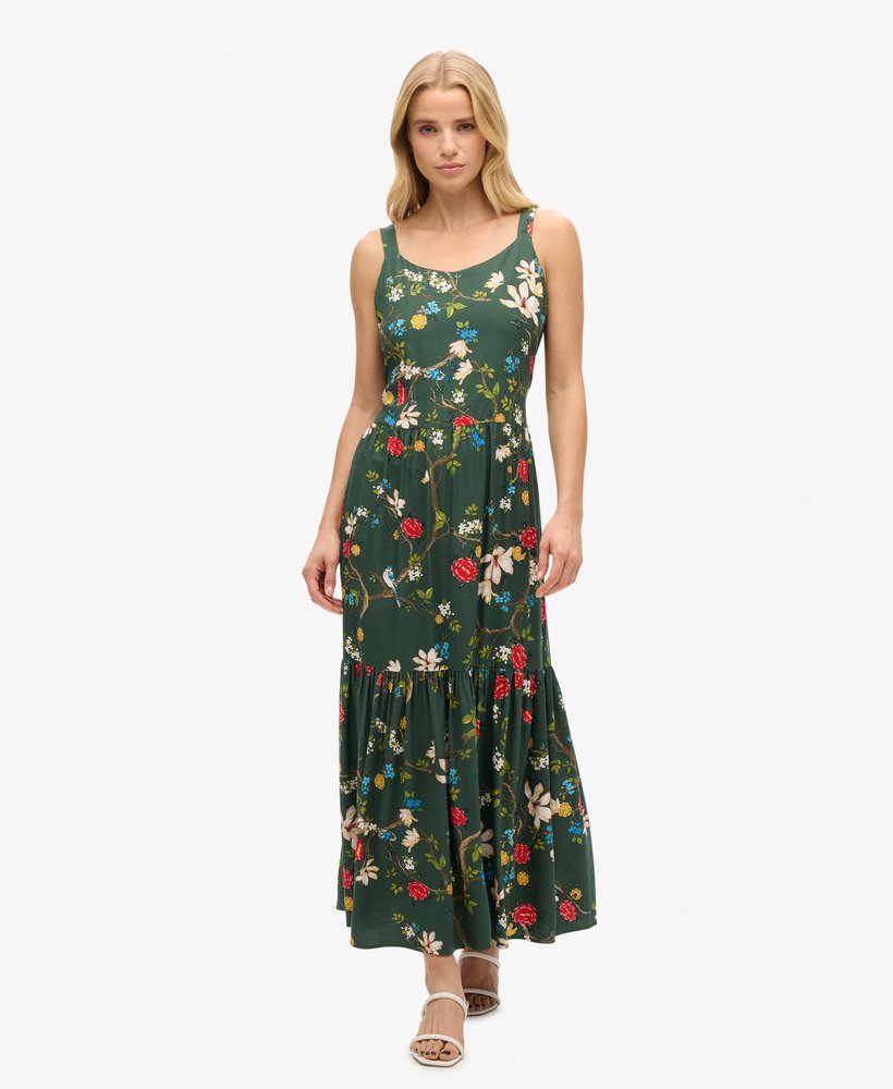 sukienka maxi z tkaniny warstwowej w kolorze zielonym blossom birds