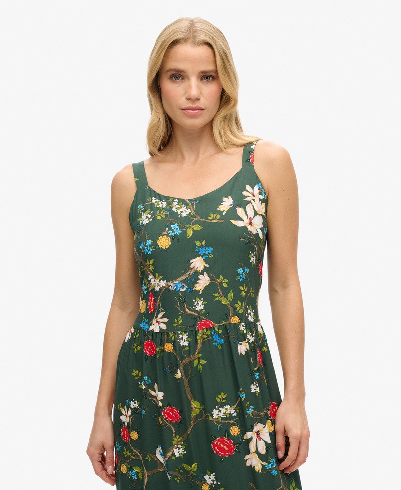 sukienka maxi z tkaniny warstwowej w kolorze zielonym blossom birds