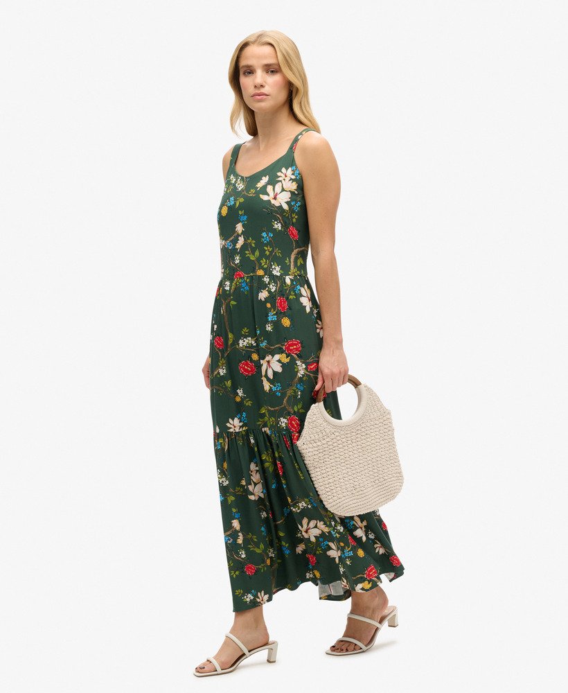 sukienka maxi z tkaniny warstwowej w kolorze zielonym blossom birds