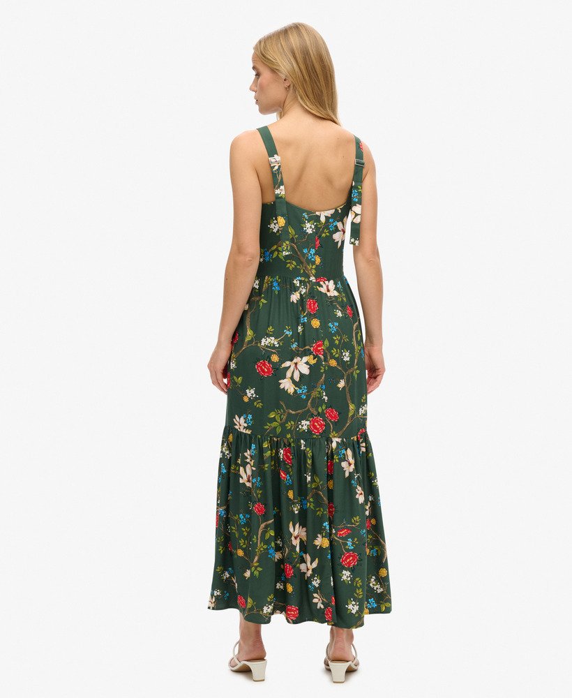 sukienka maxi z tkaniny warstwowej w kolorze zielonym blossom birds