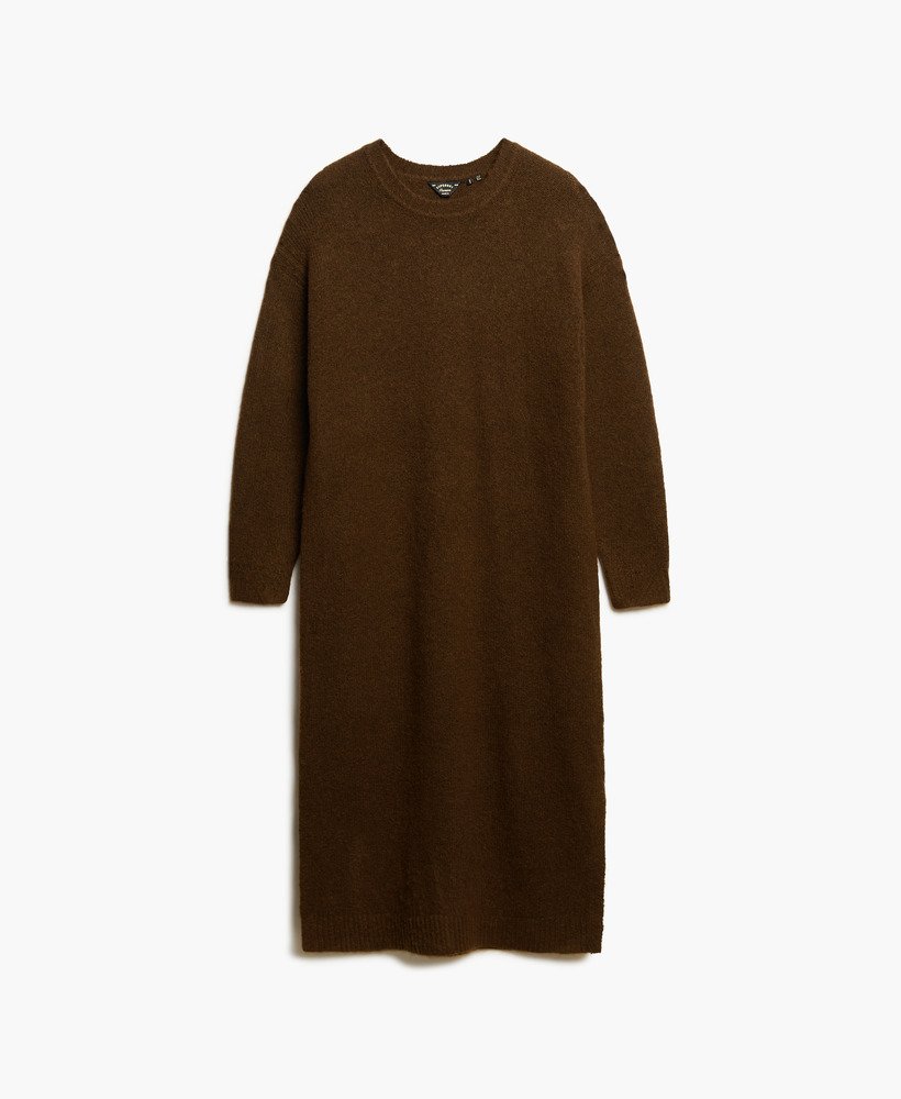 sukienka-sweter o luźnym kroju midi w kolorze ciemnobrązowym z skręconym tyłem
