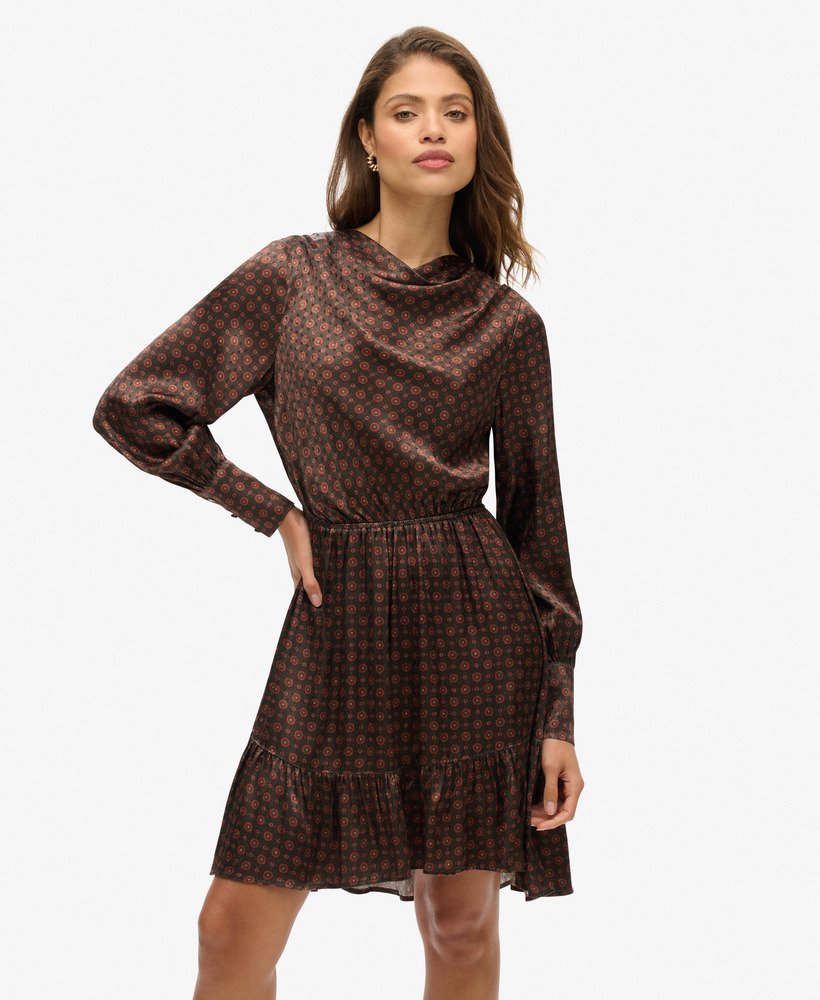 sukienka mini z żakardowym dekoltem typu cowl neck w kolorze geo tile orange