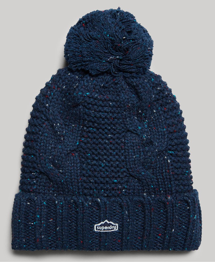 czapka z dzianiny kablowej bobble beanie w kolorze głębokiego granatu tweed