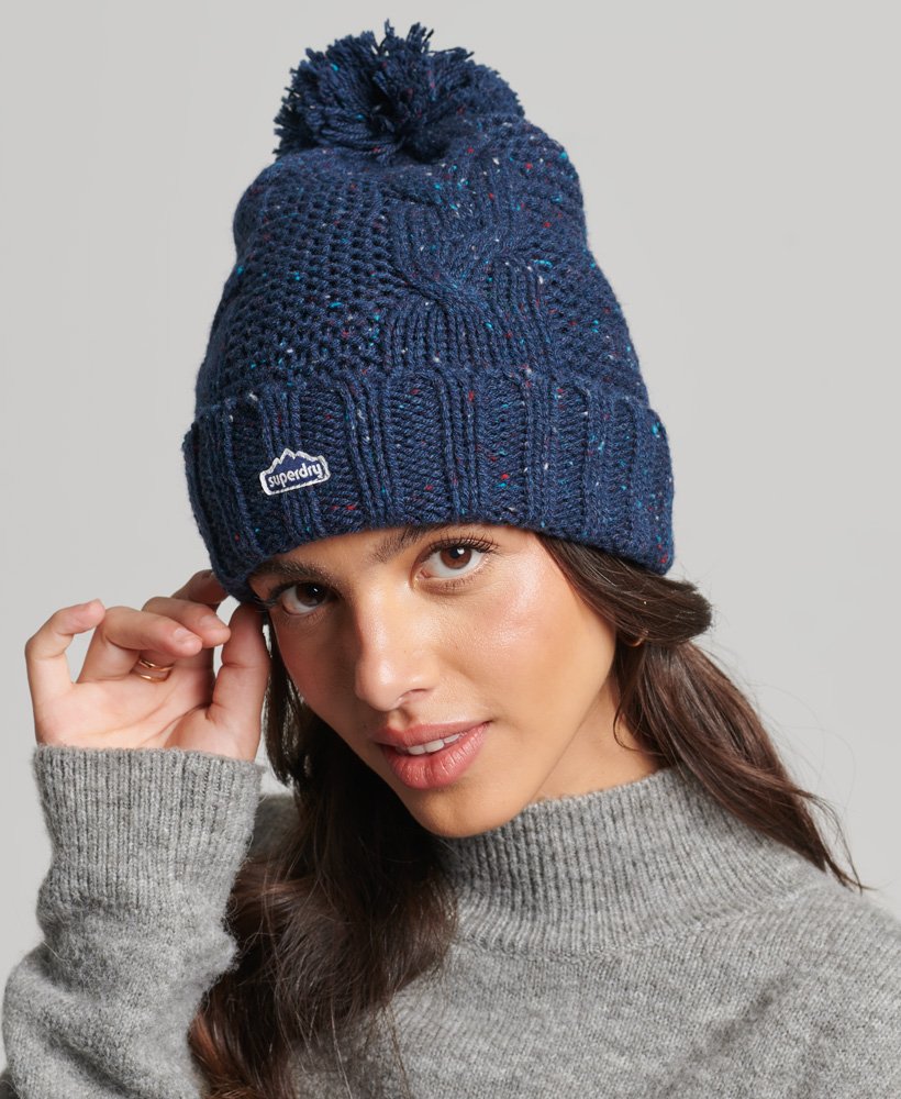 czapka z dzianiny kablowej bobble beanie w kolorze głębokiego granatu tweed