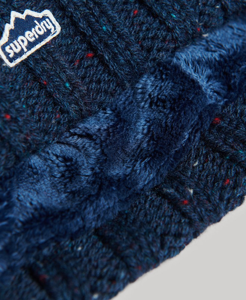 czapka z dzianiny kablowej bobble beanie w kolorze głębokiego granatu tweed