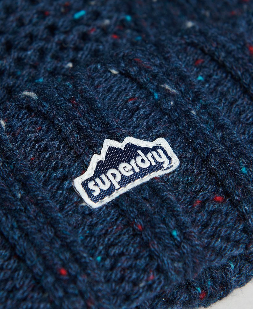czapka z dzianiny kablowej bobble beanie w kolorze głębokiego granatu tweed