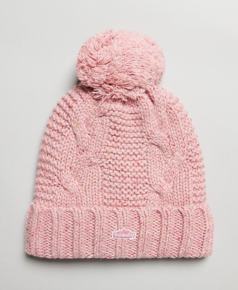 czapka z dzianiny kablowej bobble w kolorze różowego tweedu