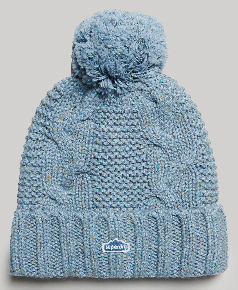 czapka z dzianiny kablowej bobble beanie w kolorze miękkiego niebieskiego tweedu