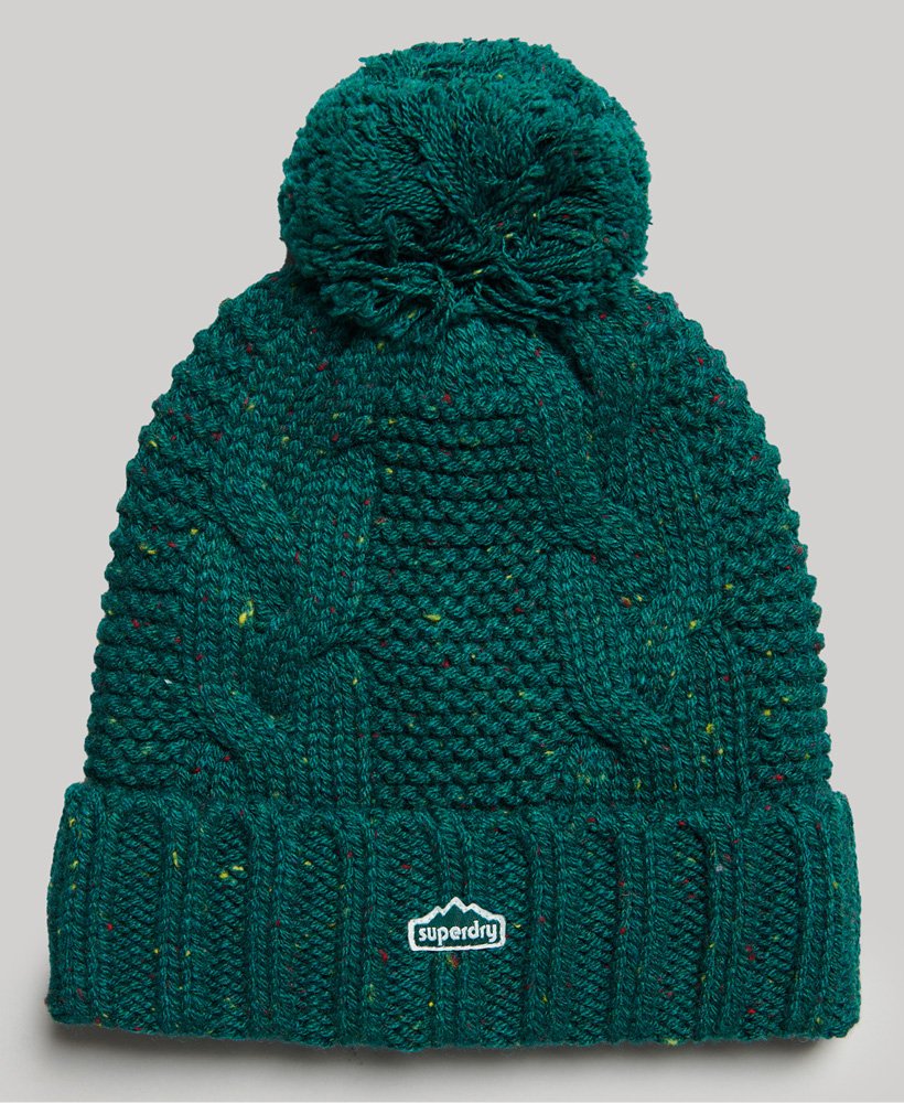 czapka z dzianiny kablowej bobble beanie w kolorze leśnozielonym tweedu