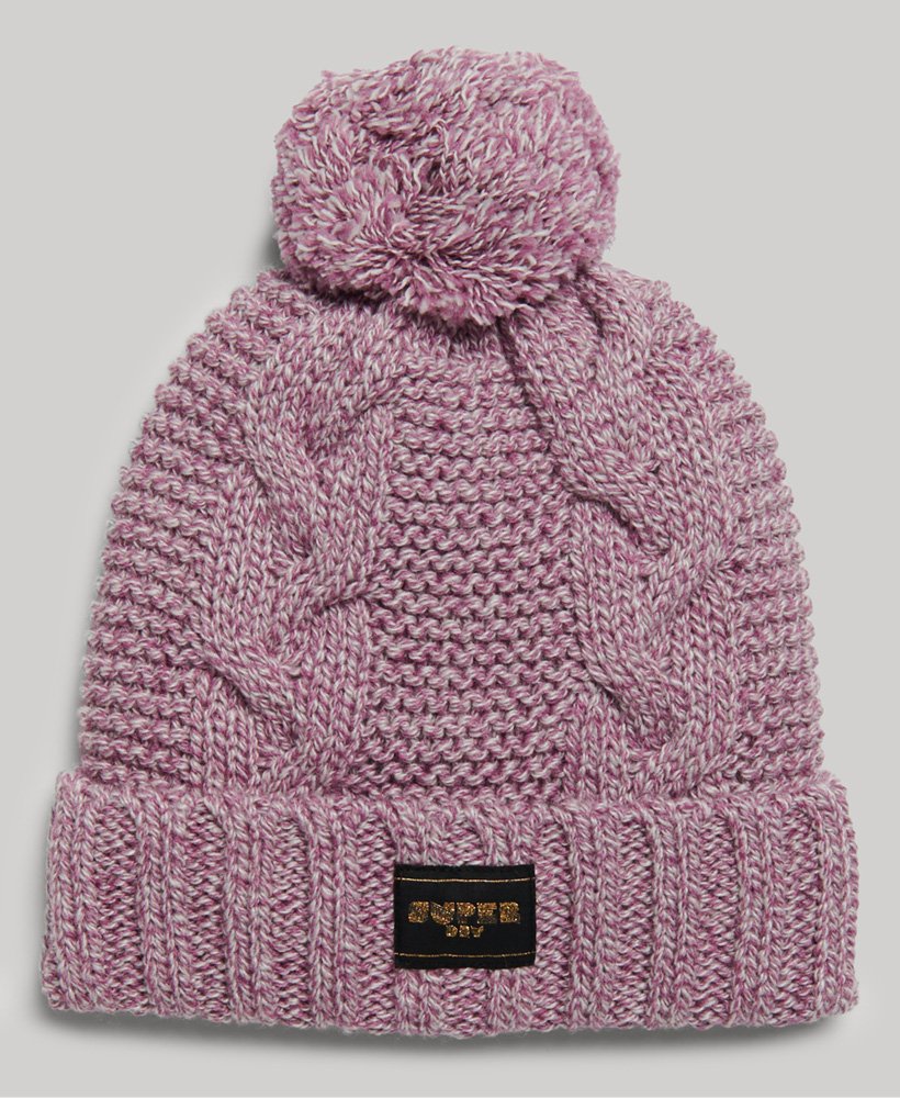 czapka beanie z dzianiny kablowej w kolorze liliowo-fioletowym