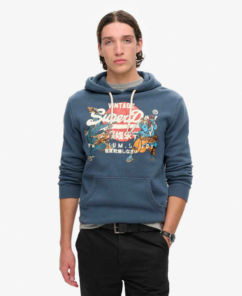 bluza z kapturem tokyo vintage z graficznym logo w kolorze niebieskim