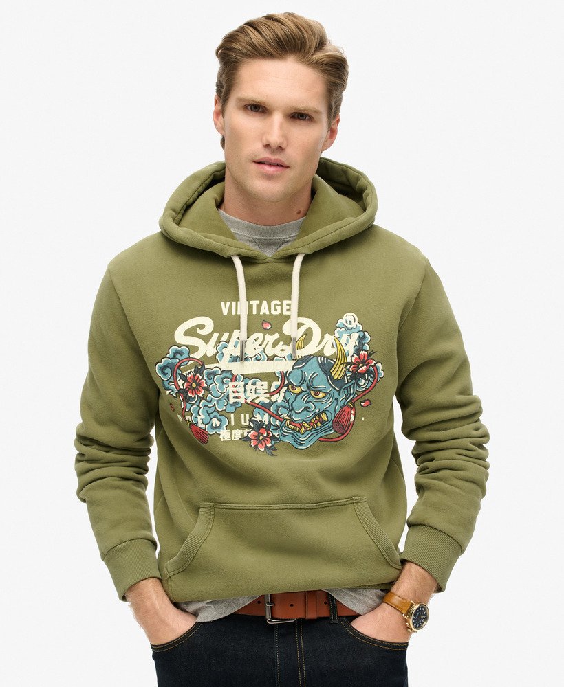 bluza z kapturem tokyo vintage z graficznym logo w kolorze miękkiej zieleni mchu