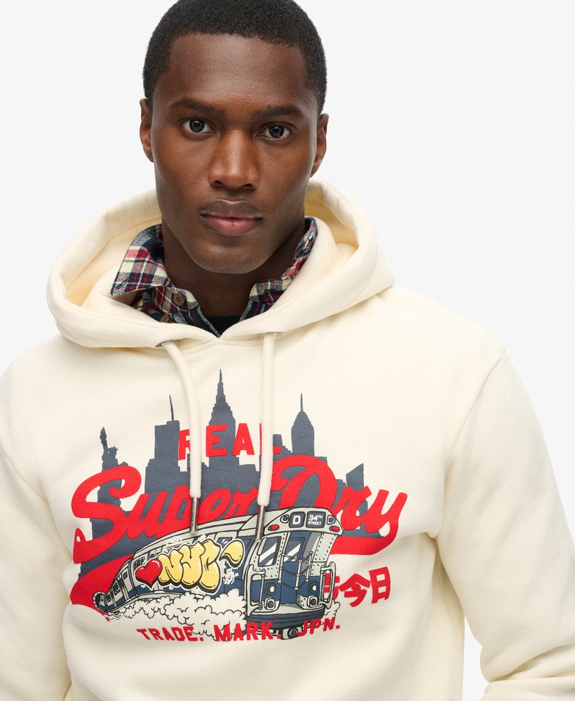 bluza z kapturem new york vintage z graficznym logo w kolorze ryżowej bieli