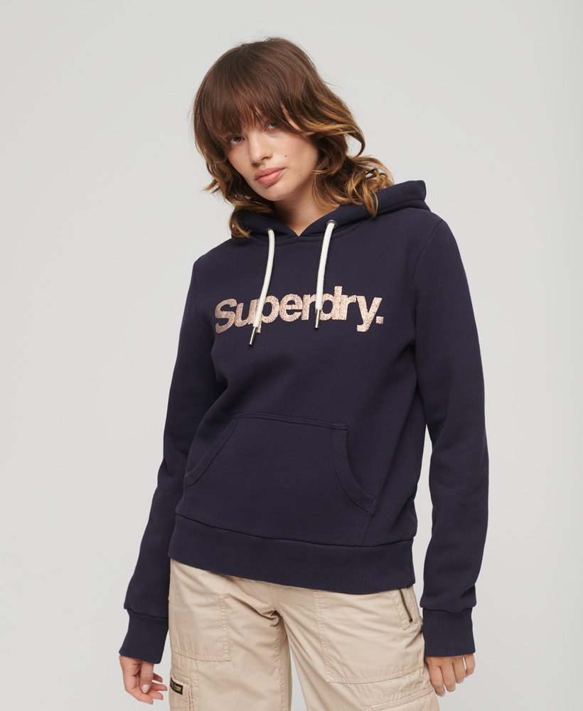 bluza z kapturem z logo metallic core w kolorze rinse navy