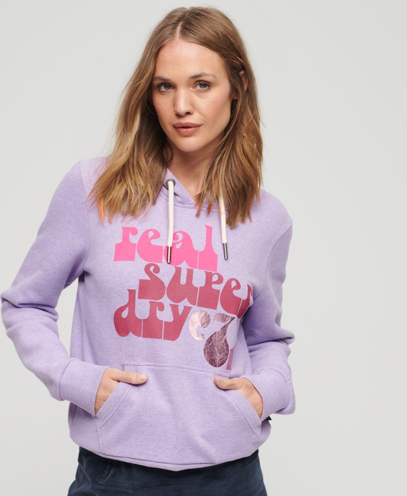 bluza z kapturem z nadrukiem w stylu retro z lat 70. w kolorze jasnoliliowym