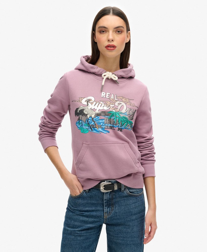 japońska bluza z kapturem z nadrukiem w stylu vintage w kolorze dazed lilac