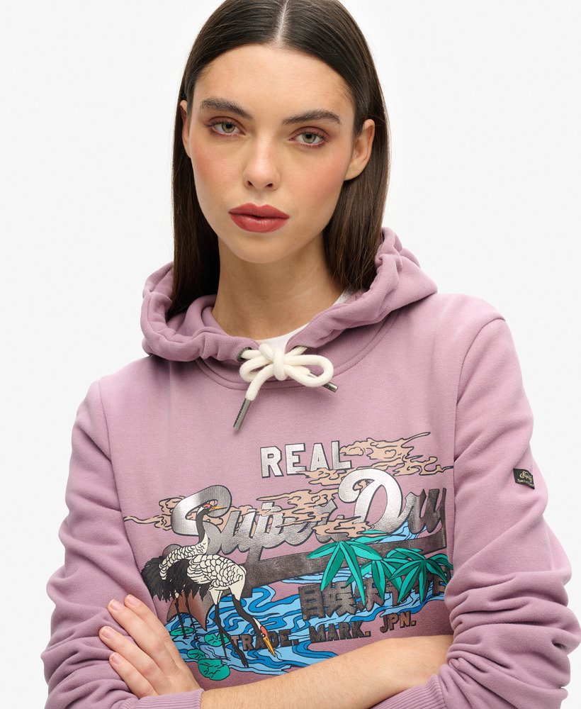japońska bluza z kapturem z nadrukiem w stylu vintage w kolorze dazed lilac