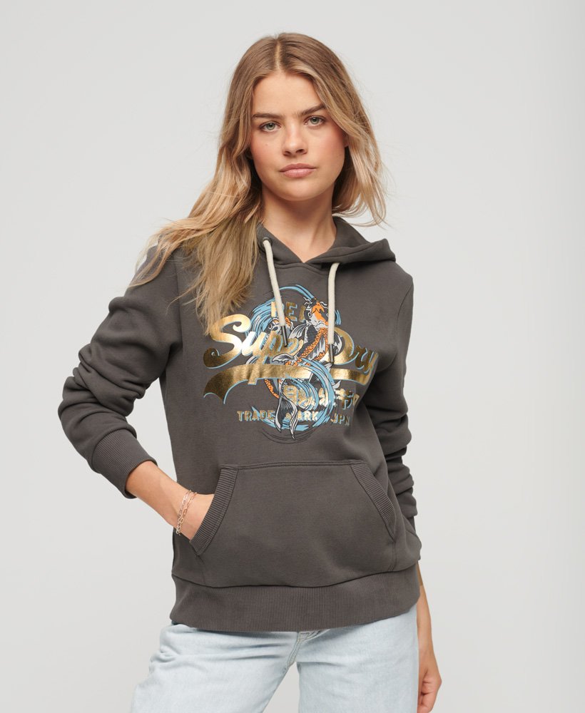 japońska bluza z kapturem z logo vintage w kolorze ciemnoszarym