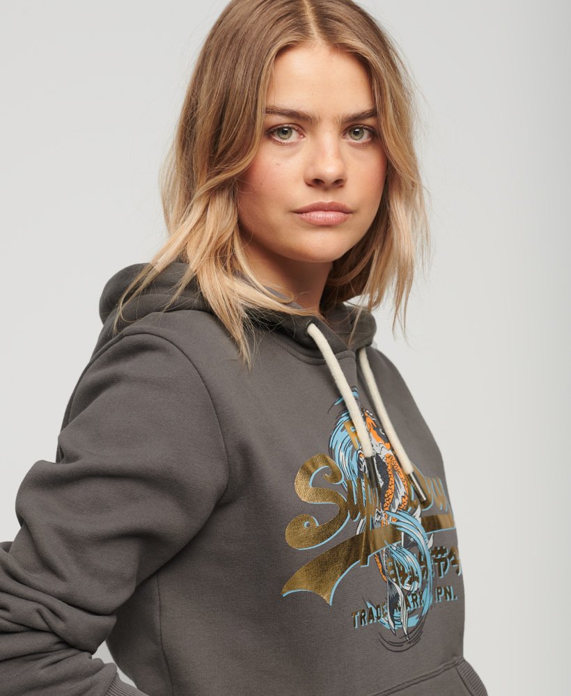 japońska bluza z kapturem z logo vintage w kolorze ciemnoszarym