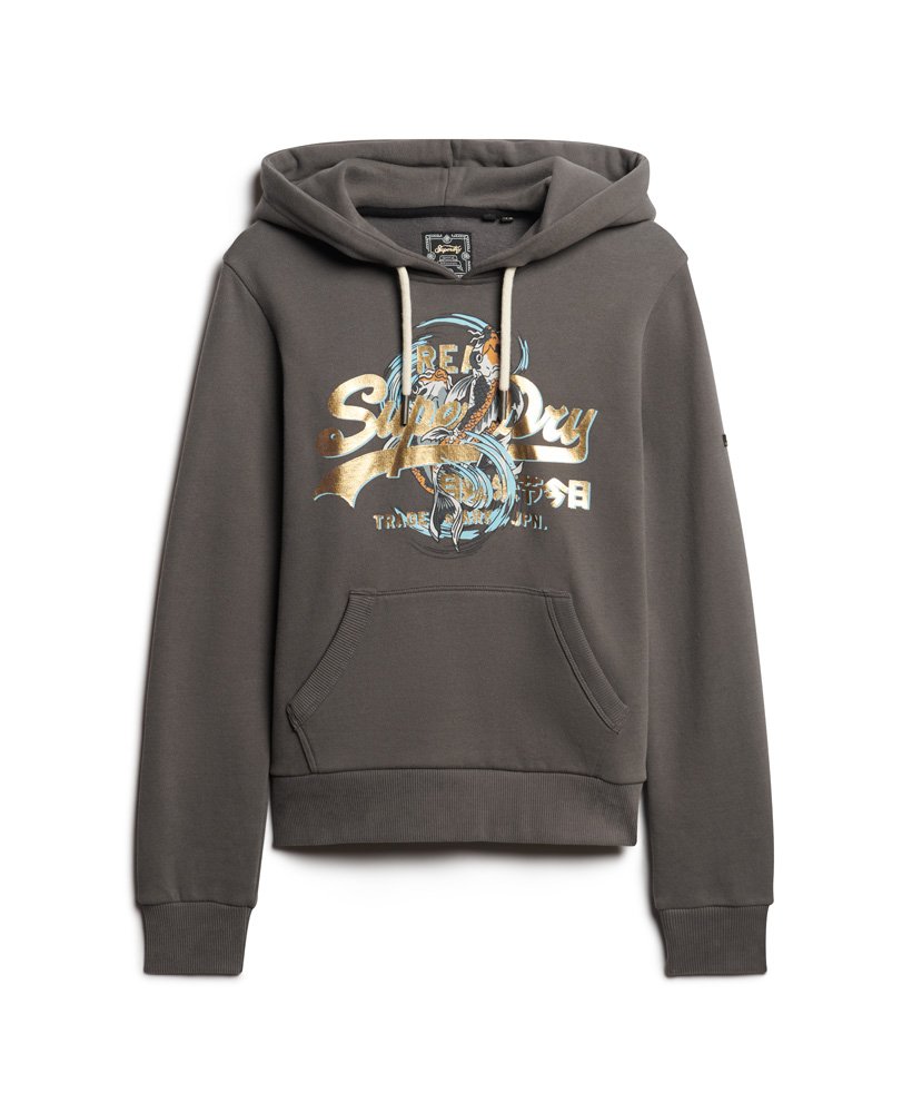 japońska bluza z kapturem z logo vintage w kolorze ciemnoszarym