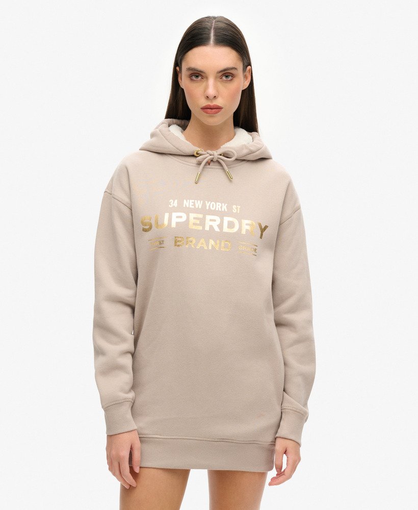 sukienka z kapturem luxe metallic logo w kolorze ciepŁej szaroŚci