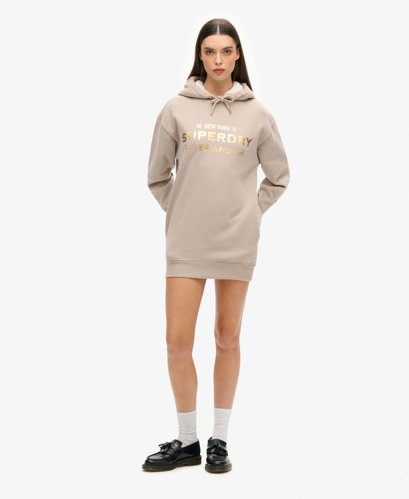 sukienka z kapturem luxe metallic logo w kolorze ciepŁej szaroŚci