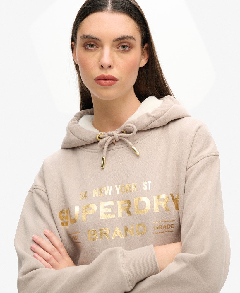 sukienka z kapturem luxe metallic logo w kolorze ciepŁej szaroŚci