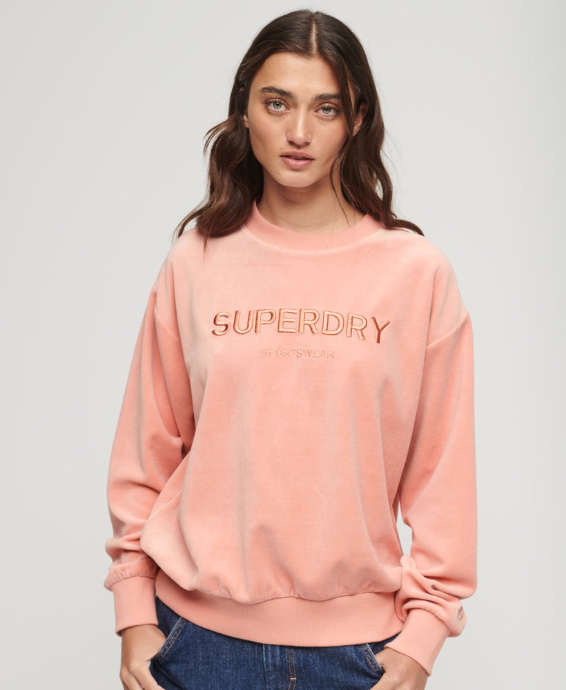 bluza z nadrukiem velour graphic boxy crew w kolorze brzoskwiniowo-beżowym