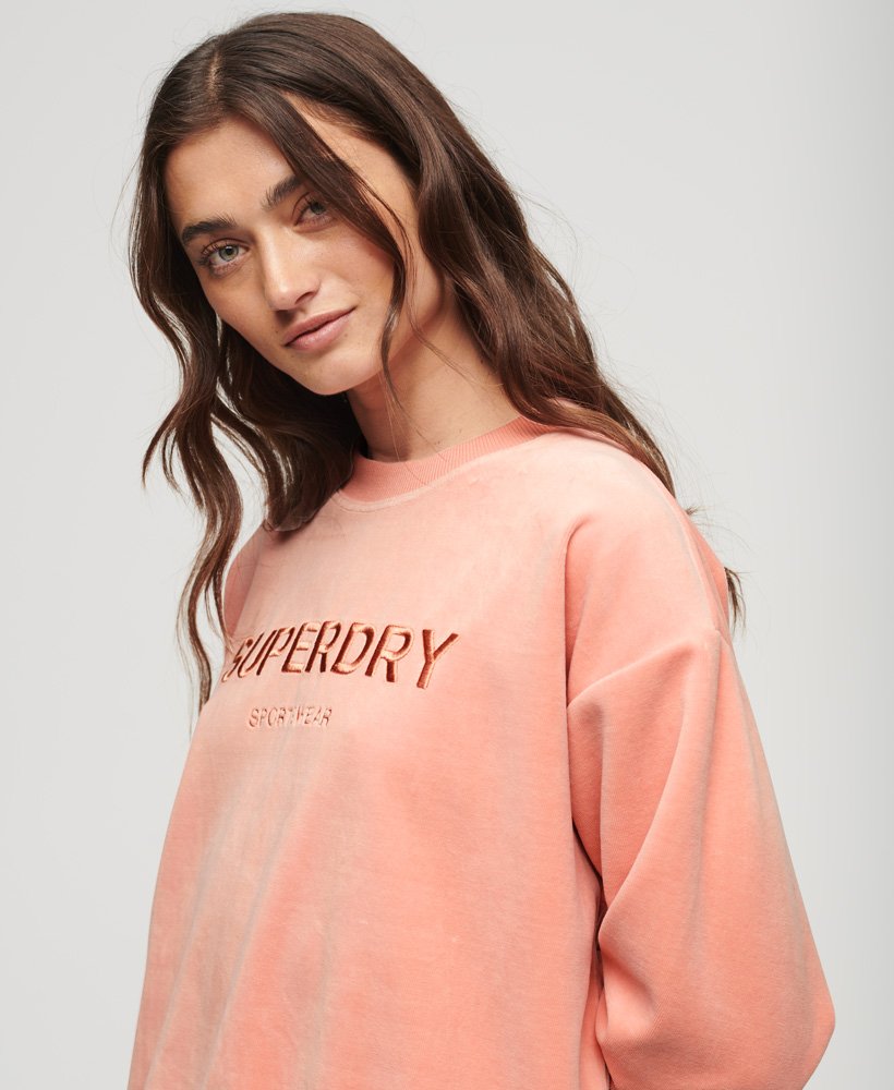 bluza z nadrukiem velour graphic boxy crew w kolorze brzoskwiniowo-beżowym