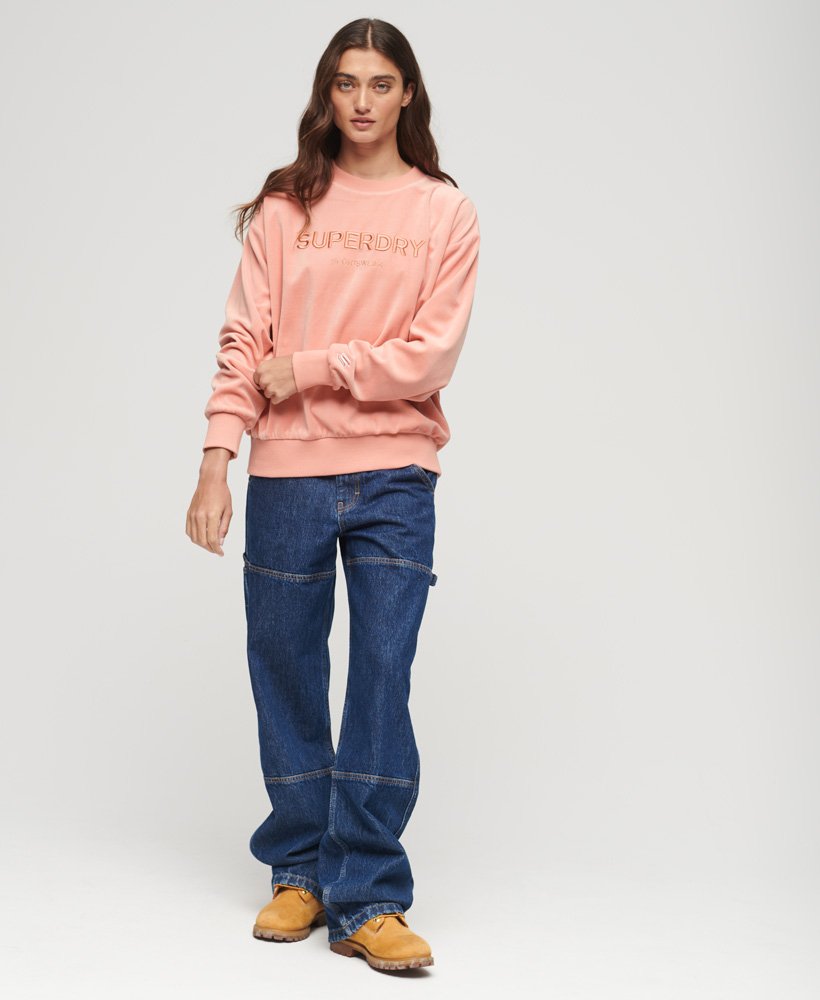 bluza z nadrukiem velour graphic boxy crew w kolorze brzoskwiniowo-beżowym