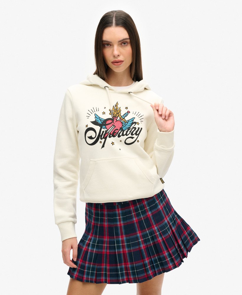 bluza z kapturem z nadrukiem tattoo script w kolorze kremowym