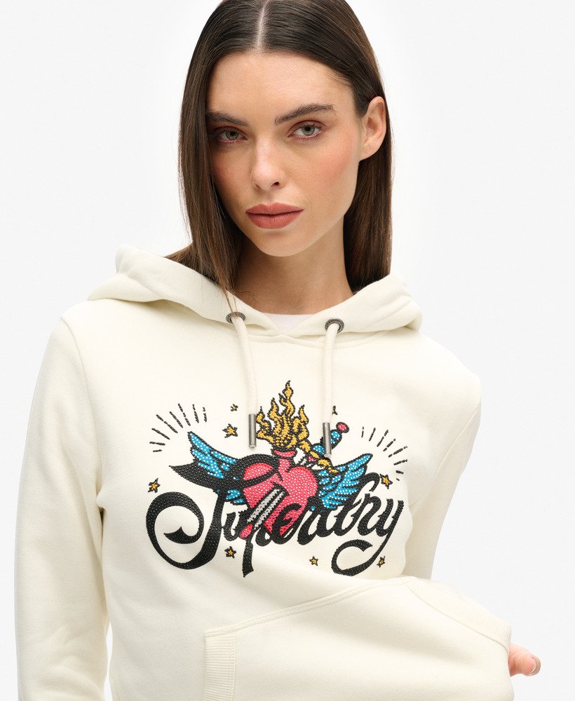 bluza z kapturem z nadrukiem tattoo script w kolorze kremowym