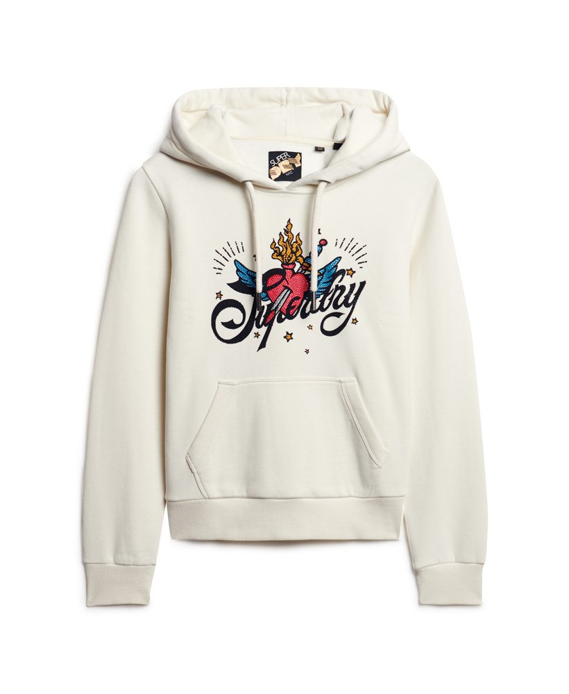 bluza z kapturem z nadrukiem tattoo script w kolorze kremowym