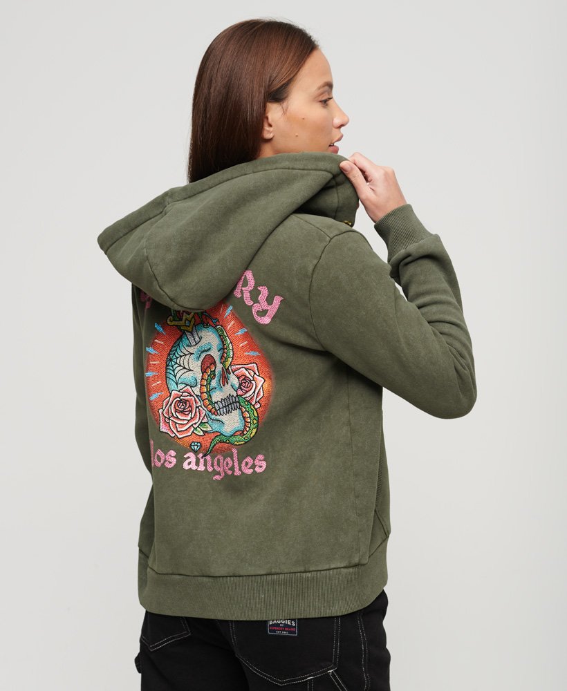 bluza z kapturem i zamkiem błyskawicznym z tatuażem i kryształkami w kolorze khaki
