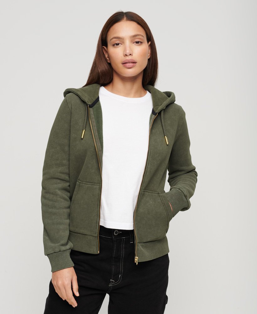 bluza z kapturem i zamkiem błyskawicznym z tatuażem i kryształkami w kolorze khaki
