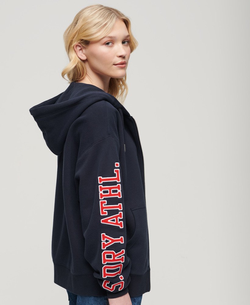 bluza z kapturem typu boyfriend z logo uczelni w kolorze granatowym eclipse