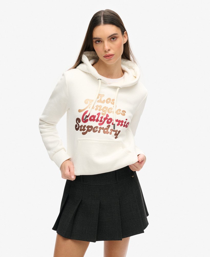 bluza z kapturem z brokatowym logo w stylu retro w kolorze ecru